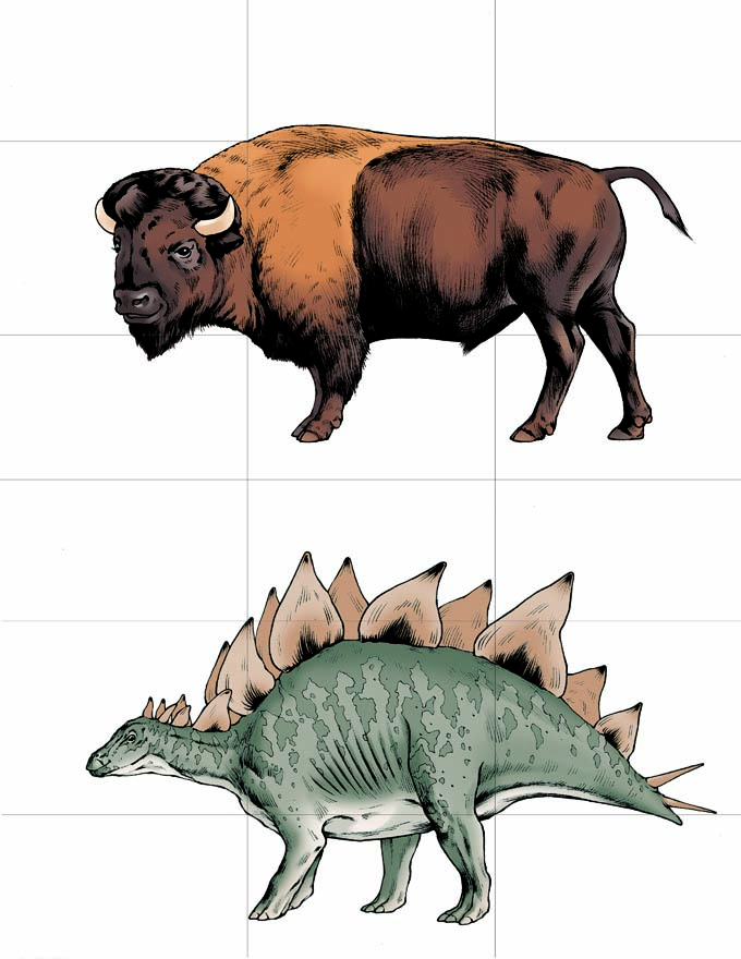This is a full-color illustration of sample cards for the game Once Upon a Tale. The background is white, and a 3x3 grid is drawn that splits each animal into 9 equal parts. Both animals are facing left, and are drawn at differing scales so that their bodies fit together when swapped. The animals portrayed in this card are the buffalo and stegosaurus