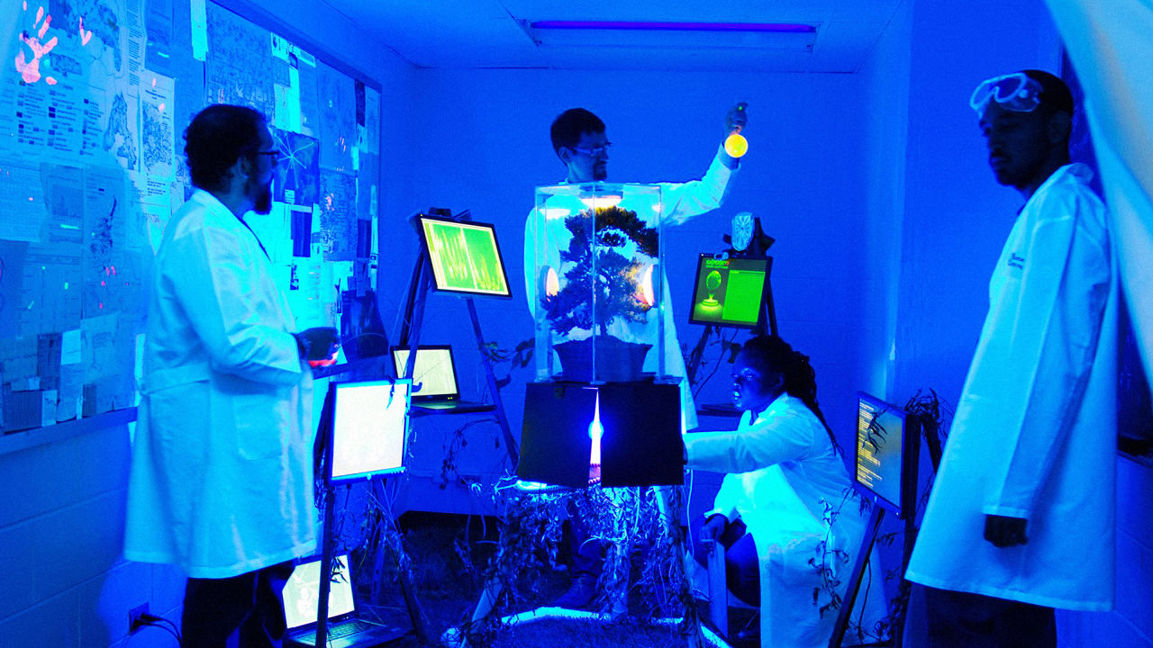 This is a promotional photo of secret black lit lab for SEED. The photo shows a room cast in blue and lit with a black light. On the left side is a bulletin board filled with diagrams and documents, some lit up, and a pink glowing hand print at the very top. The walls of the room are white painted brick. At the center of the room is a a bonsai tree on a hexagonal platform with thin legs. The bonsai is enclosed in a reflective clear hexagonal container that perfectly fits the platform. Surrounding the bonsai are many monitors which glow green or white and face the bonsai. The platform is split slightly in the middle and glows very bright white. On the ground is a laptop, and leaved vines snape up the platform's legs. There are four people in the image, all of whom are wearing white lab coats. 1) A white man with short hair, a beard, and glasses. He is standing to the left, and facing away from the camera toward the bonsai. 2) A white man with short hair, a mustache and beard, and glasses. He is holding a glowing ball fand examining it. He is standing behind the bonsai. 3) A Black woman with long braided hair. She is to the right of the second man and facing inward toward the bonsai, and reaching into or behind the platform it sits on. 4) A brown-skinned man with short hair and short facial hair. He is on the far-right, leaning against the wall. He is looking past the camera to the left, and wearing goggles that sit on his forehead. Keith S. Wilson on right side.