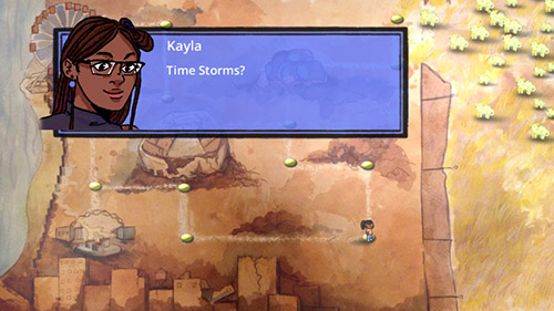 A screenshot of a digital image from The Black Box video game. A watercolor painted map shows an apocalyptic city. It is painted in beiges and shows a broken skyline at the bottom of the map, a lap above that, a stadium above that, and a Ferris wheel above that. A blue lake sits to the left of the Ferris wheel. Each landmark is connected with a white path, and a cartoon drawing of a black girl is toward the end of the path on the right side of the map. The right side of the map has a large fence separating the city from a yellow field, where a large herd of yellow creatures stand. A purple textbox is at the top of the image. The text reads "Kayla: "Time Storms?" To the left of the textbox is a small portrait of a black girl with long braided hair and glasses.