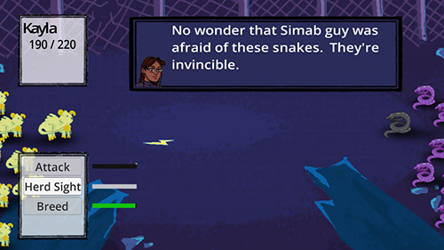 A screenshot of a digital image from The Black Box video game. The scene is of a purple field with blue broken boards in the foreground. A purple fence stretches the top of the image. On the left are a large number of yellow sheep with horns and electric-bolt tails. On the right are a large number of coiled purple snakes, and one that is greyed-out. Between them is one lightning bolt flying through the air. There is a white menu on the left that reads "Kayla 190/220." Below that menu is another white menu that has three menu items that read "Attack," "Herd Sight," and "Breed." At the top of the screen is a text book that reads "No wonder that Simab guy was afraid of these snakes. They're invincible." To the left of the textbox is a small portrait of a black girl with long braided hair and glasses.