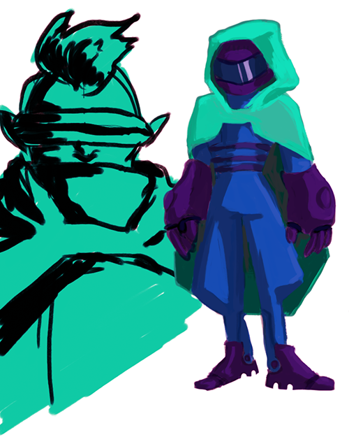 A digital drawing of dark elves. To the right is a full body drawing of an elf. It has a cyan cloak with its hood up, a dark blue bodysuit with legs that poof out, a purple motorcycle helmet with reflective glass, and large dark purple gauntlets and shoes. To the left of this drawing is a large sketchy portrait of an elf's face and chest colored cyan. This elf is wearing a visor and has a mohawk.