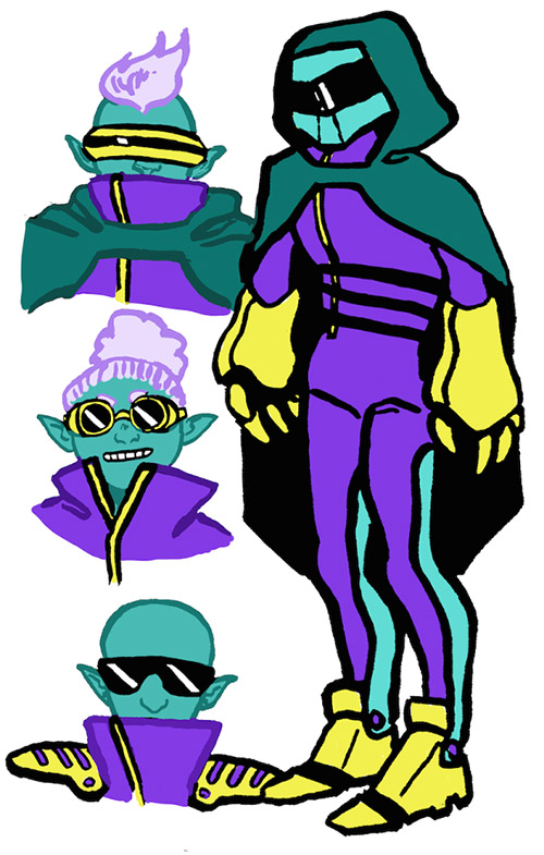 A digital drawing of dark elves. To the right is a full body drawing of an elf. It has a cyan cloak with its hood up, a dark blue bodysuit with legs that poof out, a purple motorcycle helmet with reflective glass, and large dark purple gauntlets and shoes. To the left of this drawing is a large sketchy portrait of an elf's face and chest colored cyan. This elf is wearing a visor and has a mohawk.
