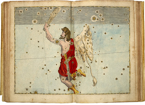 centos5 A scan of a very old-looking book. A man in red robes and golden boots is holding a sword. His left hand holds a sword, and his right arm is extended and appears to have a lion pelt draped over it. He faces away from the viewer, reaching up with his sword arm. Stars are drawn throughout the image on a light blue background.