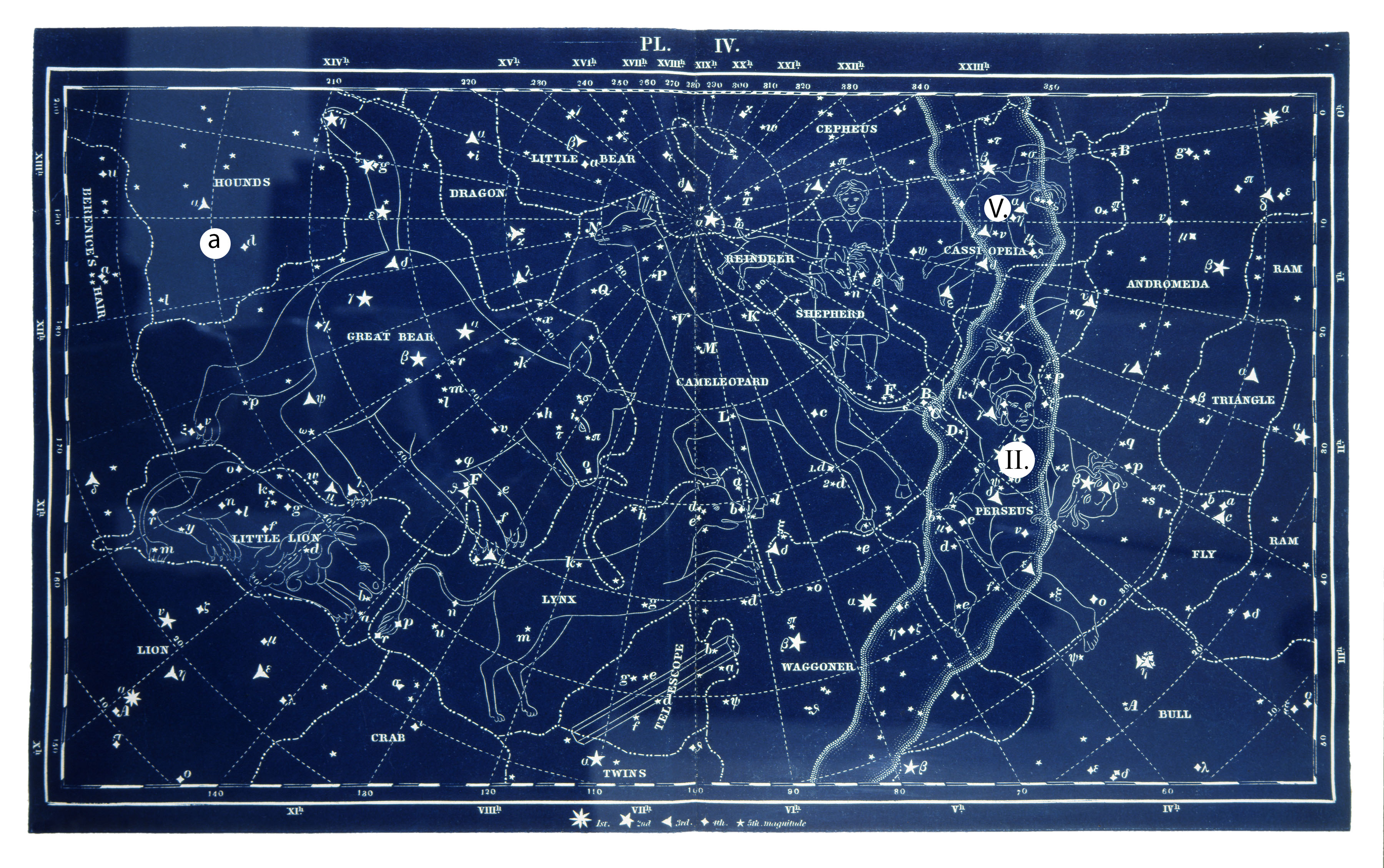 This is a scan of a historical map of the sky. The color of the map is a deep blue, like those of a cyanotype. A five-pointed star is horizontally centered and near the top of the map, from which dotted concentric circles are drawn. Through those circles are radial dotted lines, dividing the sky into a semblance of a globe. Stars are drawn on the map, and illustrations of different constellations appear as well. Labels of each constellation appear in English, as well as a number of Roman numerals. All drawings and text appear in white.