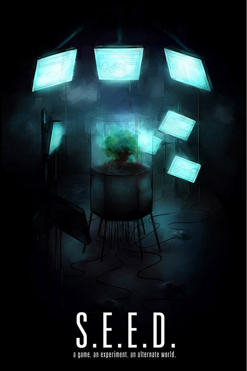 A digital poster. At the bottom is the text "S.E.E.D. a game. an experiment. an alternate world." Above that text is a digital painting of a bonsai tree on a hexagonal platform with thin legs. The bonsai is enclosed in a hexagonal glass container that perfectly fits the platform. Surrounding the bonsai are many monitors that seem to float from the darkness, all glowing blue-white. On the ground are various wires. All else is cast in darkness.