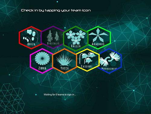 Screenshot from geo-location app game Powerspots developed for SEED. A digital image with a green-blue background with lighter line patterns on it. 8 hexagons, arranged in two rows, fill the center of the image. Each has a simplified icon of a kind of plant, with that plant's name under it (for instance, yucca, or vallea). At the top of the image is the text "Check in by tapping your team icon." At the bottom of the image, very small, is the text "Waiting for 0 teams to sign in."