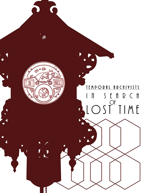 A digitally designed poster for the S.E.E.D. ARG game. The text reads "Temporal Archivist in Search of Lost Time." Below the text are interlinking hexagons that also form a kind of chain. The image to the left appears to be a silhouette of a cuckoo clock, with a circular image within it that contains cogs and gears. The entire image is maroon.