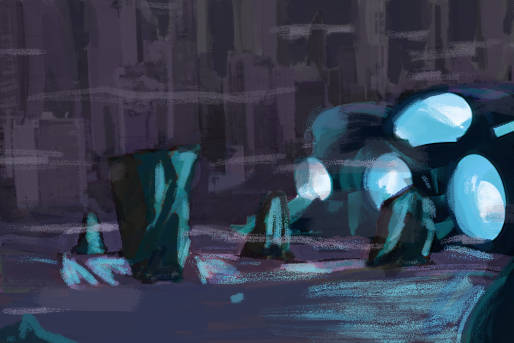 A digital painting of abstract shapes. The background is purple, and the foreground contains two main objects, both cast in aqua-colored colors. The right-most object appears to have 4 circular parts which are glowing cyan blue.