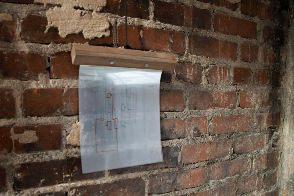A photo of a poetry object called "Linedance for an American Textbook." Diagrams in different colors appear on very reflective acetate sheets. A poem beneath the sheets can barely be seen through the ghostly white. The sheets are bound in a large wooden frame along the top edge, which hangs from a black string. The poem hangs in front of a rough red brick wall.