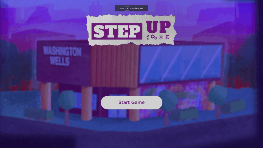 The title screen for Step Up is a digital drawing that shows a boxy building that has a sign that says "Washington Wells." It has pillars, glass doors at the front of the building, and a large glass side of the building above what appears to be a mural. The entire scene is cast in cool purples and blues. At the top of the image is a torn piece of paper that says in purple lettering "Step Up." Bellow the letters are icons of a microscope, gears, an atom, and the pi symbol. At the bottom of the screen is a button that says "Start Game."