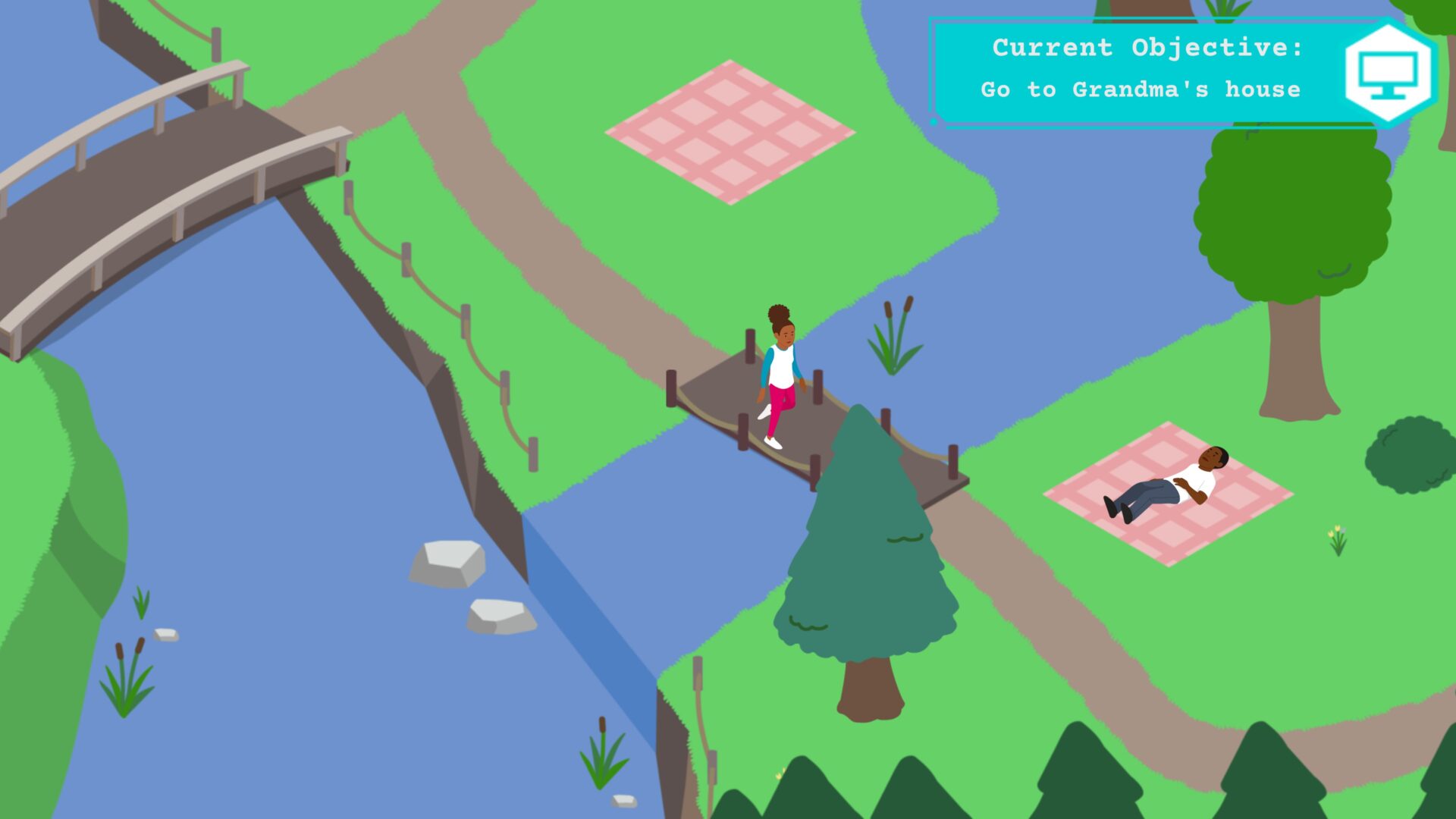 Simone, a Black teenage girl with curly dark hair done up in a bun is walking across a bridge. She is in a white and blue long-sleeve shirt, pink pants, and white tennis shoes. The scene is of a park with another bridge to the left, trees to the bottom right, and two streams that meet near Simone. A black man lies on a blanket relaxing. In the corner of the image is a notification that reads "Current Objective: Go to Grandma's house."