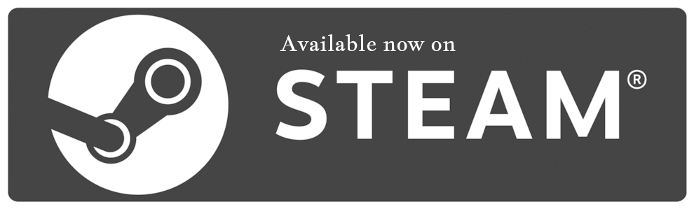 A button with the Steam logo (a piston from a steam engine). The text says "Available now on Steam."
