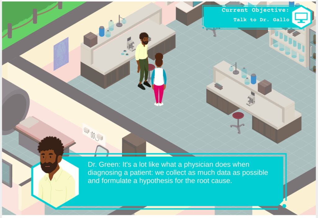 Simone, a Black teenage girl in a white and blue long-sleeve shirt, pink pants, and white tennis shoes, stands in the center of a lab in a hospital. The scene includes a swivel chair, microscopes, jars, boxes, and other lab equipment, a diagram of a skeleton on the wall. The floor is tiled and another room with a CAT scan machine in it is visible. In front of Simone is Dr. Green, a black man with facial hair and a yellow collared shirt, green pants, and black shoes. A text box at the bottom of the screen shows that Dr. Green is saying "It's a lot like what a physician does when diagnosing a patient: we collect as much data as possible and formulate a hypothesis for the root cause." In the corner of the image is a notification that reads "Current Objective: Talk to Dr. Gallo."