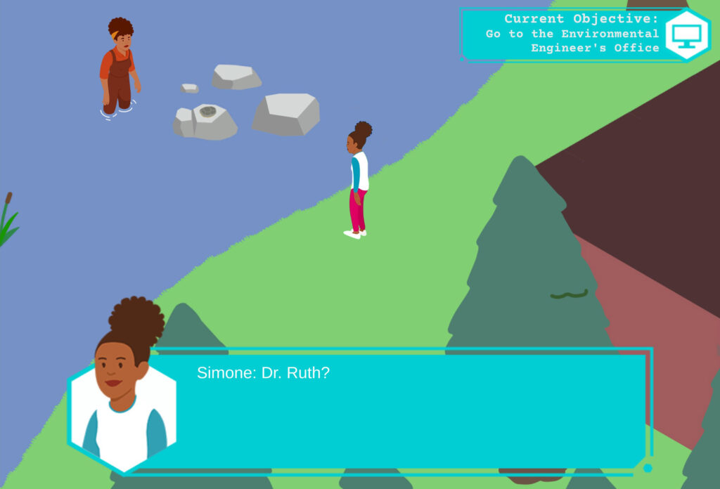 Simone, a Black teenage girl in a white and blue long-sleeve shirt, pink pants, and white tennis shoes, stands at the edge of a body of water. Her hair is curly and done up in a bun. In the water are rocks, with a turtle shell on one of them. Standing in the water is Dr. Ruth, a dark-skinned woman in brown overalls and an orange collared shirt. She is wearing an orange bandanna in her curly hair. Trees and the edge of a building are barely visible under a text box that shows that Simone is saying "Dr. Ruth?" In the corner of the image is a notification that reads "Current Objective: Go to the Environmental Engineer's Office."